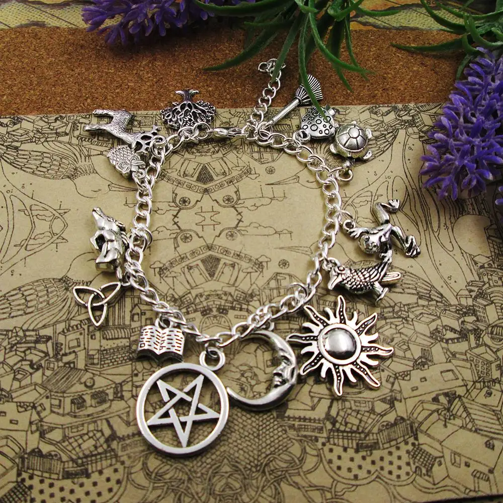 Посеребренный очаровательный браслет драгоценный камень Samhain звезда луна солнце
