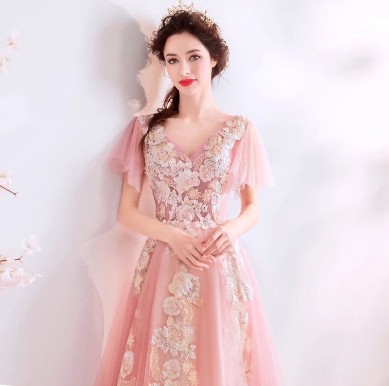 Женское вечернее платье до пола SSYFashion розовое кружевное с коротким рукавом и V