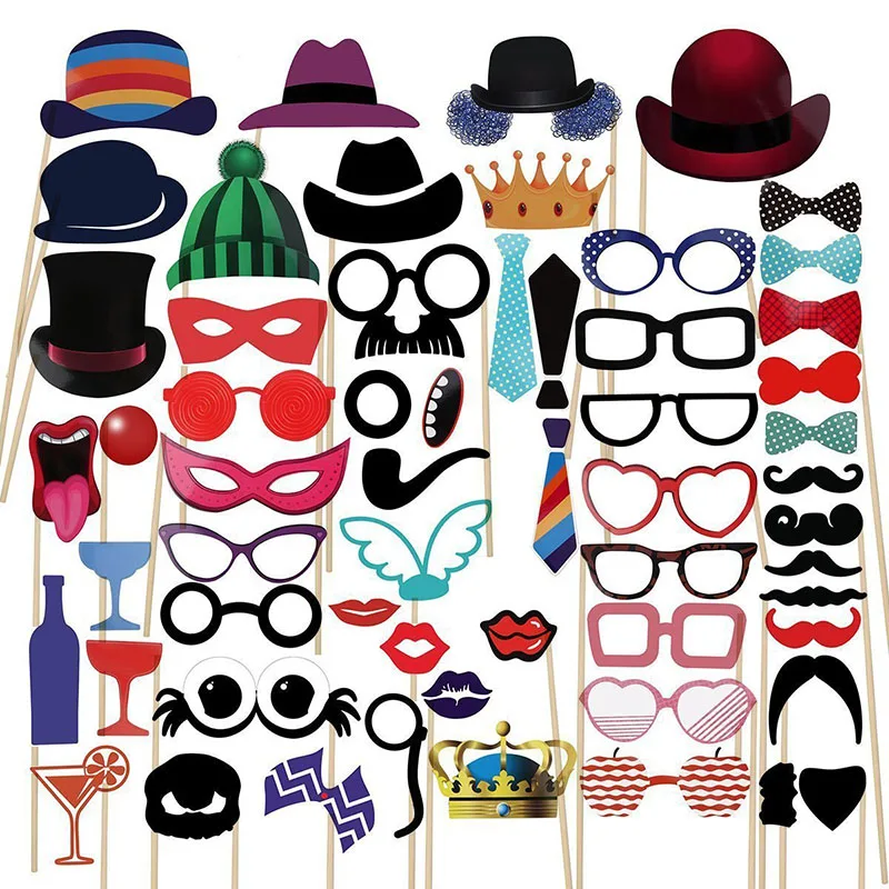 

58pcs Photo Booth Props Crown DIY Mask Glasses Paper Beard Mustache Lip On A Stick Baby Shower Birthday Wedding Party Supplies