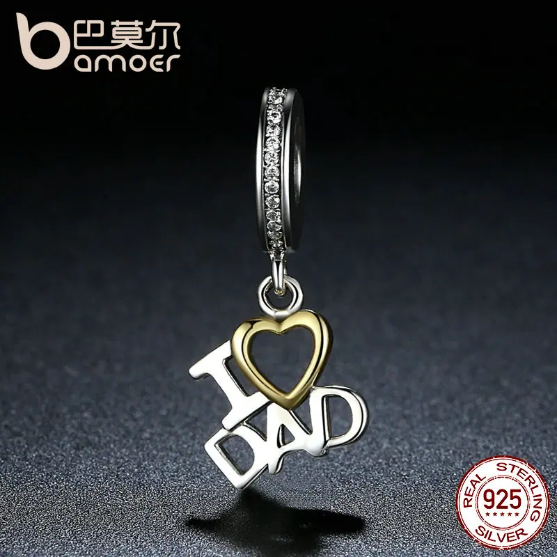 BAMOER 1 шт., 925 пробы, серебряные подвески с надписью «I Love DAD Love» и «I Love» в форме сердца, подходят для самодельных браслетов, бусины и ювелирные изделия SCC052