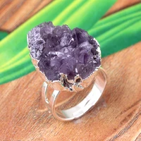 100 unique 1 pcs silver plated irregular shape natural purple amethysts cluster crystal finger ring charm jewelry