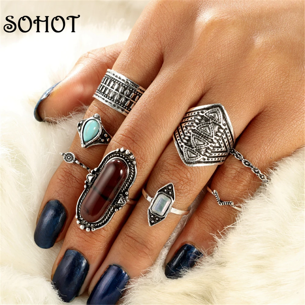 SOHOT 8 шт./компл. цыганские Колечки красный искусственный камень синий каучук белый