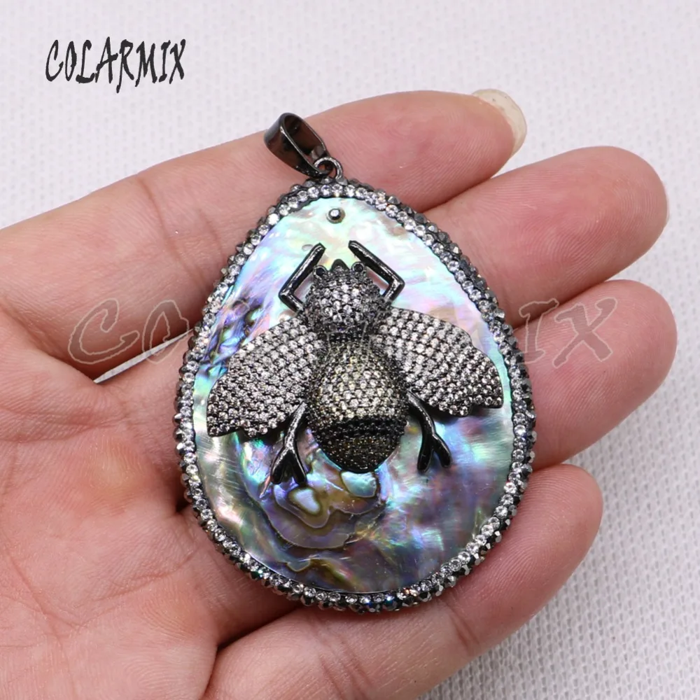 High quality Abalone pendant pave rhinestone with Black zircon inset bee jewelry making for necklace 4064 | Украшения и