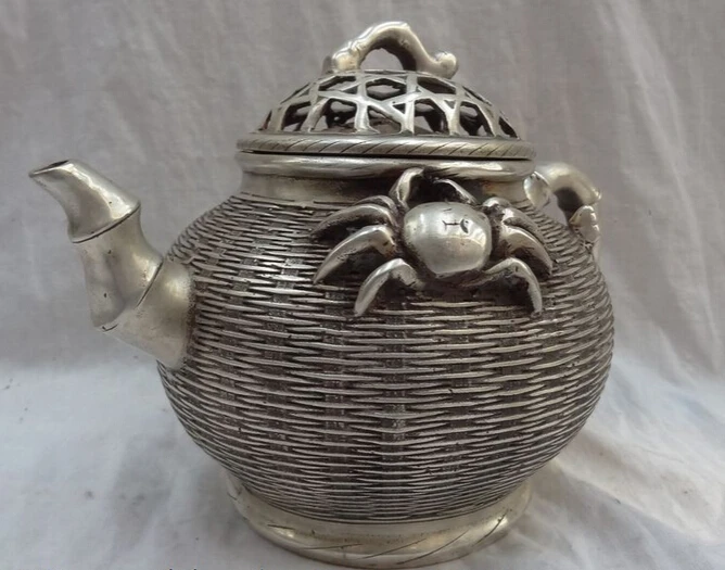 JP S0608 10" Chinese Silver Crab Statue Auspicious Symbol Bronze Bamboo Teapot Wine Pot Discount 35% | Дом и сад