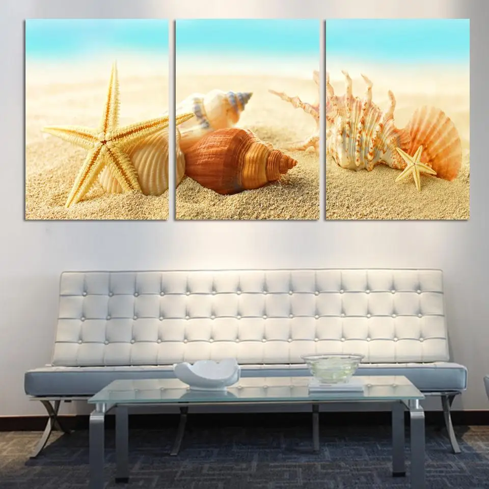 HD Large Beach sea star and conch Canvas Seascapes Paintings 3 Piece Wall Art Coconut Home Decor Sea Pictureunique gift | Дом и сад