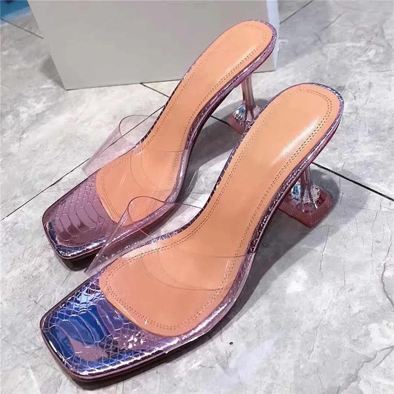 pink Прозрачный, ПВХ Дамские тапочки ярких цветов из змеиной кожи; натуральная кожа; пикантные чашка Высокий каблук Сандалии подиумная женская обувь - Цвет: pink