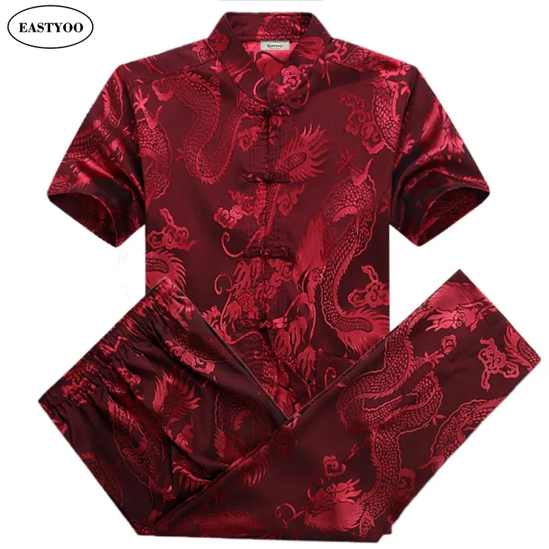 Silk Shirt Dress Pant Suits Men Red Dragon Shirts Summer Chinese Costumes Mandarin Collar Tops Plus Size Kung Fu Clothing | Мужская