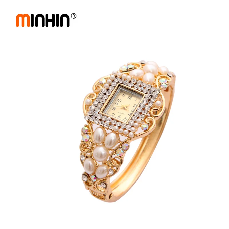 MINHIN оптовая продажа женские благородные часы браслет кристалл Женева кварцевые