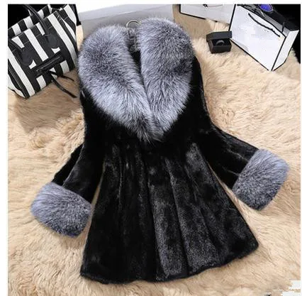 Черно-белая женская длинная куртка из искусственного меха норки пальто лисьего