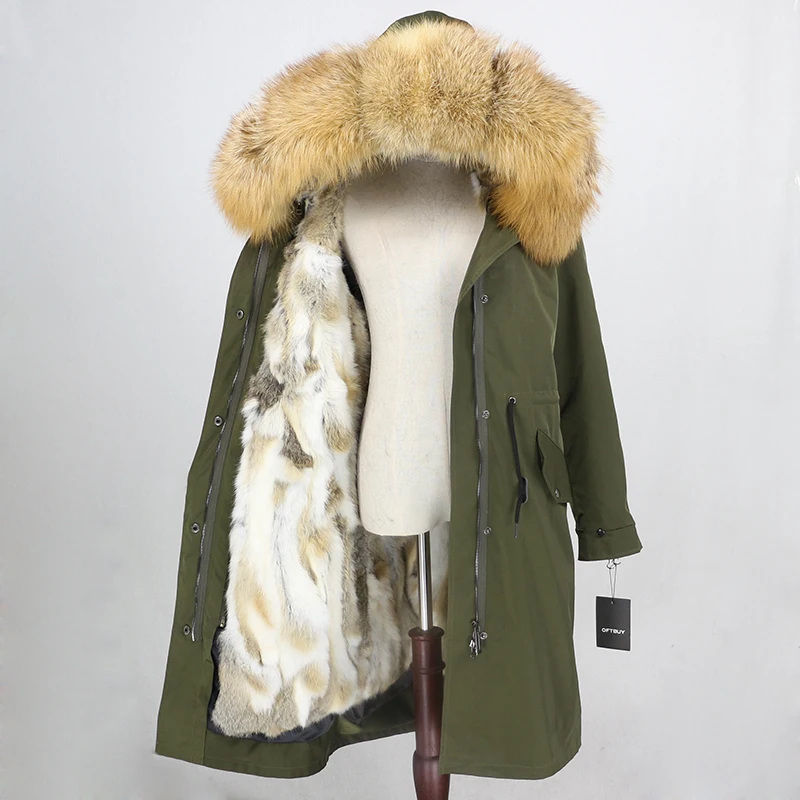 green gold OFTBUY, водонепроницаемая верхняя одежда, парка, зимняя куртка, Женское пальто с натуральным мехом, Воротник из меха серебристой лисы, капюшон, натуральный мех кролика, подкладка, теплая - Цвет: green gold