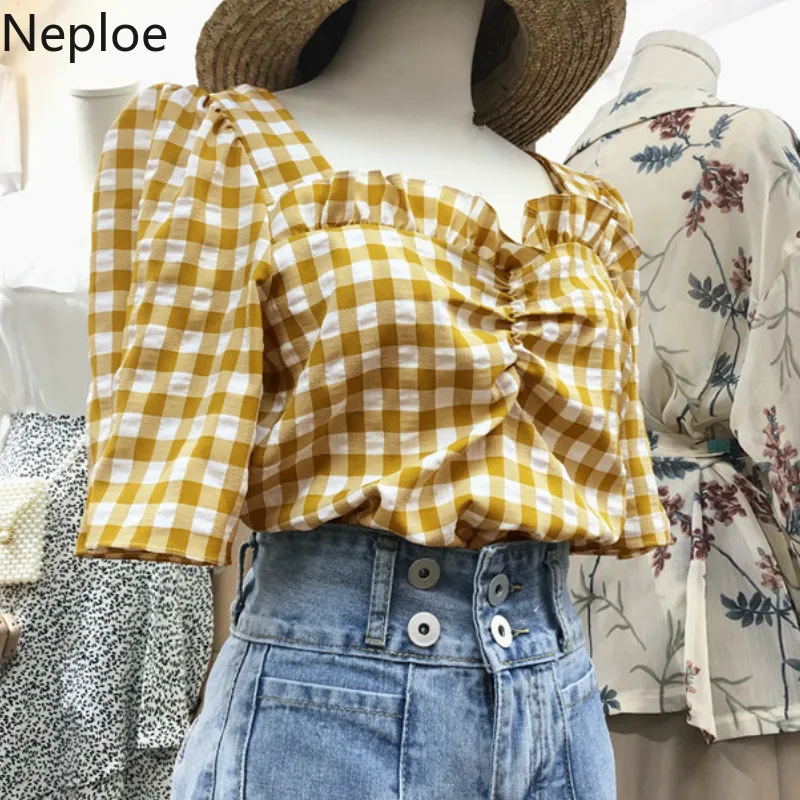 Neploe клетчатая женская блуза с оборками Лето 2019 новый квадратный воротник пышными