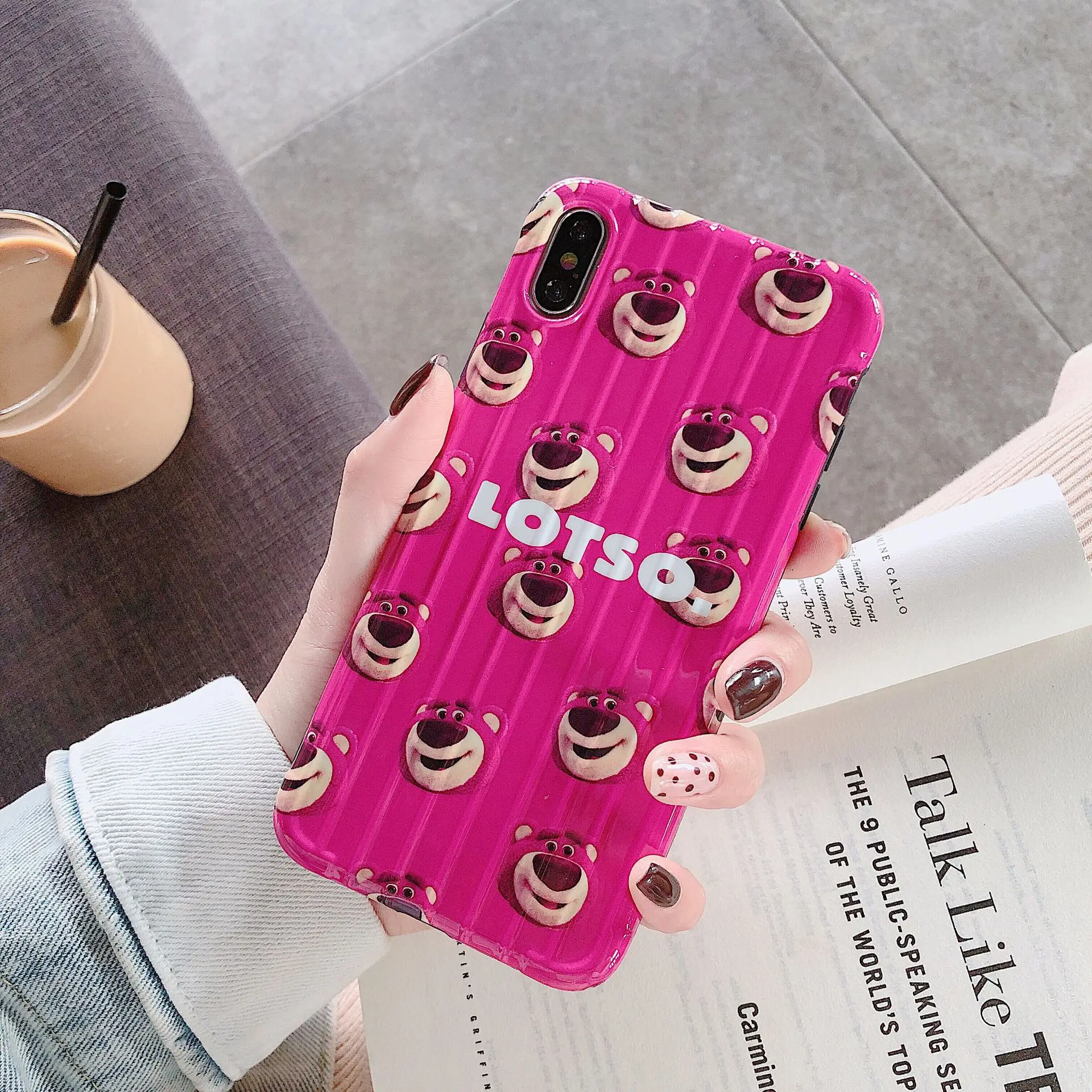Luxury Glossy IMD Soft Silicone Cover for iPhone case 7 8 Plus X 10 XS Max XR 6 6S Cute Cartoon Strawberry bear Hot Pink Let go |