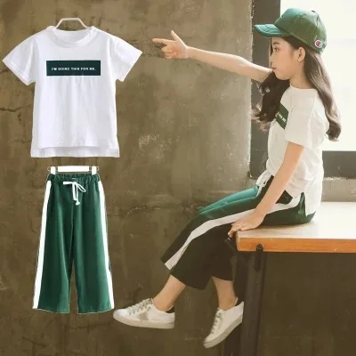 Летняя одежда для девочек новый костюм детей старшего возраста футболка с