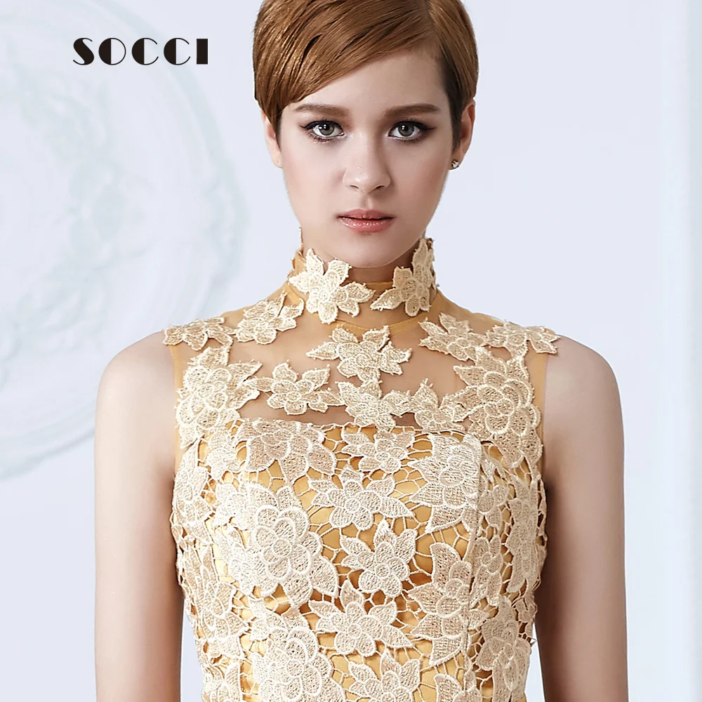 SOCCI/модное короткое золотое вечернее платье с высоким воротом и кружевным