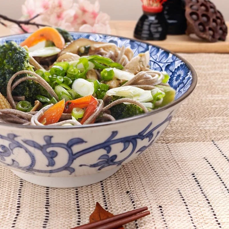 8 дюймов японский стиль керамическая чаша Ramen винтажная синяя и белая фарфоровая