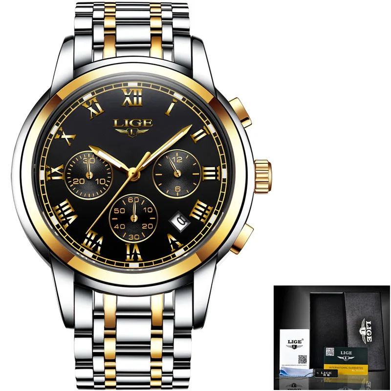steel gold black LIGE модные брендовые мужские часы s многофункциональные водонепроницаемые кварцевые часы мужские военные спортивные наручные часы Мужские часы Relogio Masculino - Цвет: steel gold black