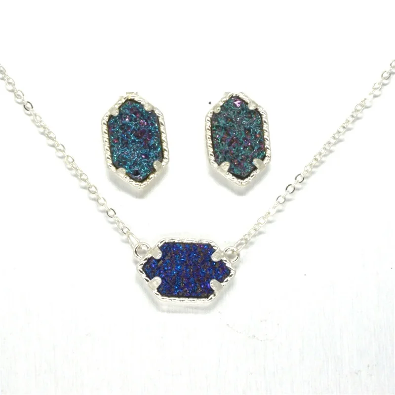 10 видов цветов Druzy Drusy ожерелье серьги гвоздики Шестигранная Серебряная цветная