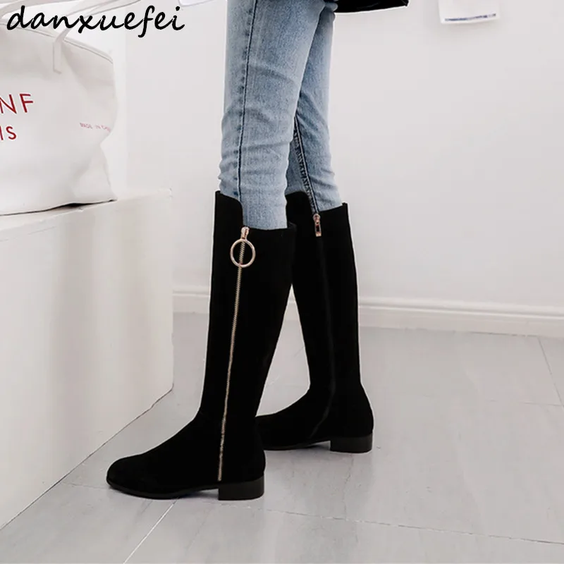 

Plus size 34-42 women's genuine suede leather knee high winter boots double zip fashion female long boots leisure knight shoes