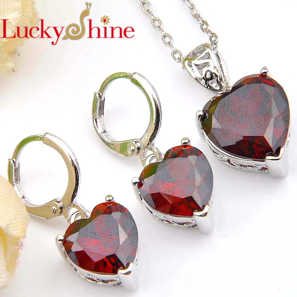 

Luckyshine стильные в форме сердца с красным кристаллом циркония 925 серебряные подвески ожерелья висячие серьги Ювелирные наборы для подарка