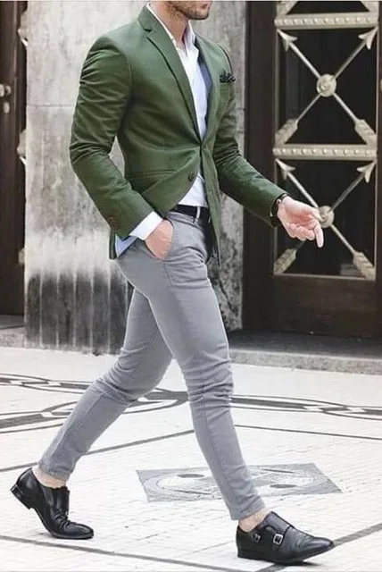 2019 Casual Men's Slim Fit Suits Green Jacket With White Pants Men Skinny Prom Suits Costume Homme Wedding Suits