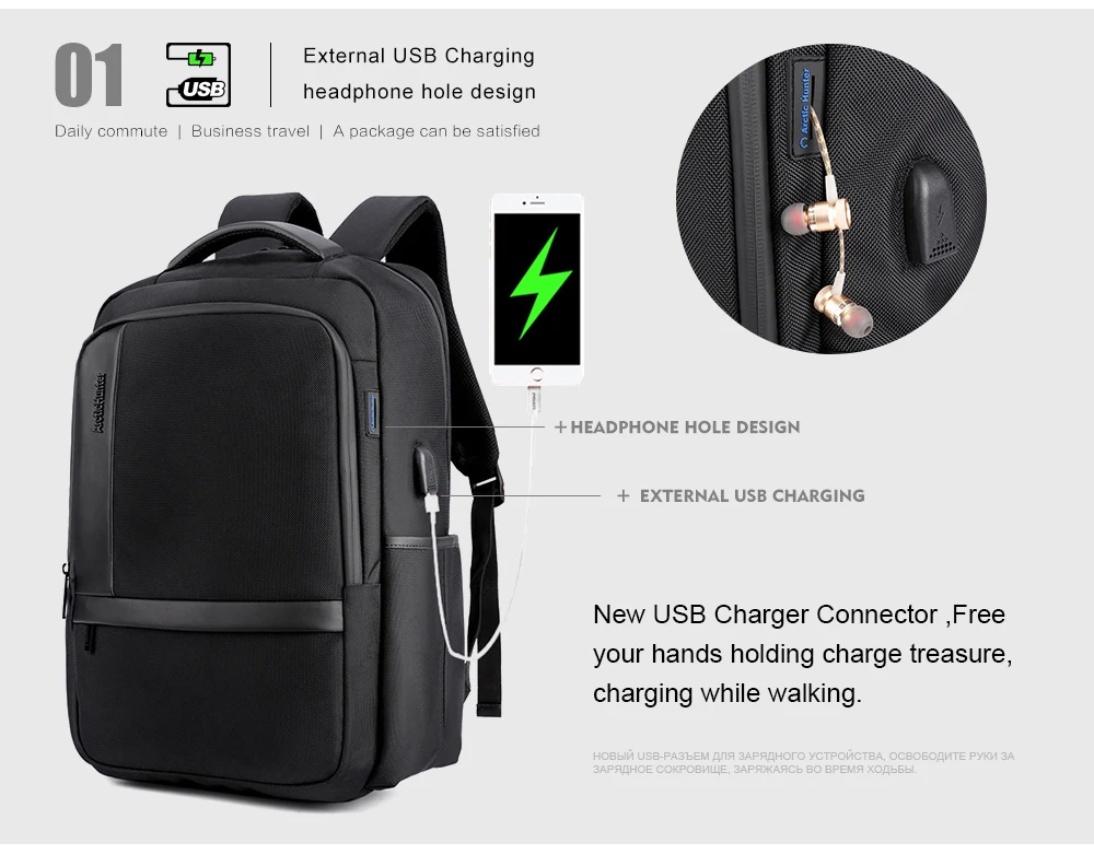 Водонепроницаемый мужской рюкзак для ноутбука ARCTIC HUNTER, школьный рюкзак с USB зарядкой, Большой Вместительный рюкзак, повседневная мужская дорожная сумка