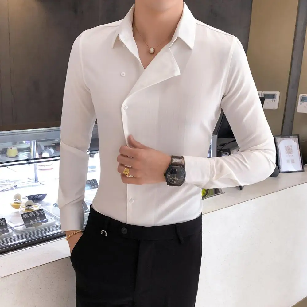 Высокое качество Нерегулярные кнопки сплошной цвет рубашка платье Slim Fit Мужские