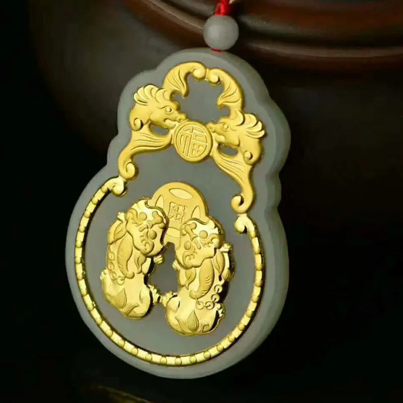 

HeTian Jade Brave Troops Pendant Jade Fu Bat Necklace Lucky Amulet 24K Gold Jewelry Chinese Fine Jewelry