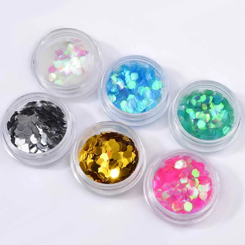 

6 Boxes Hexagon Nail Glitter Sequins Transparent Silver Gold Gorgeous 3D Manicure Nail Art Decoration