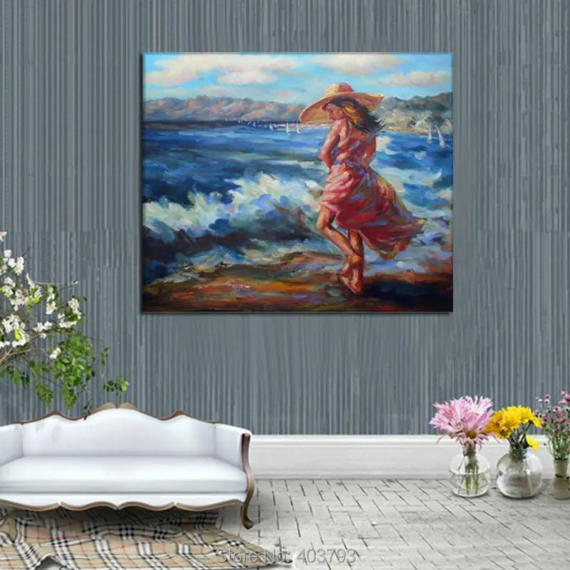 Высокое Качество ручная роспись маслом на холсте Девушка играет пляже 20x24 дюйма
