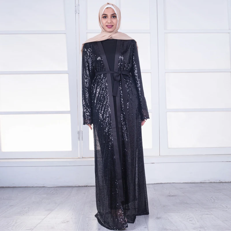 Женский мусульманский кардиган с блестками Abaya Модный черный поясом
