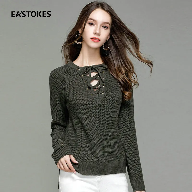 Модный женский зимний свитер со шнуровкой спереди женские вязаные пуловеры