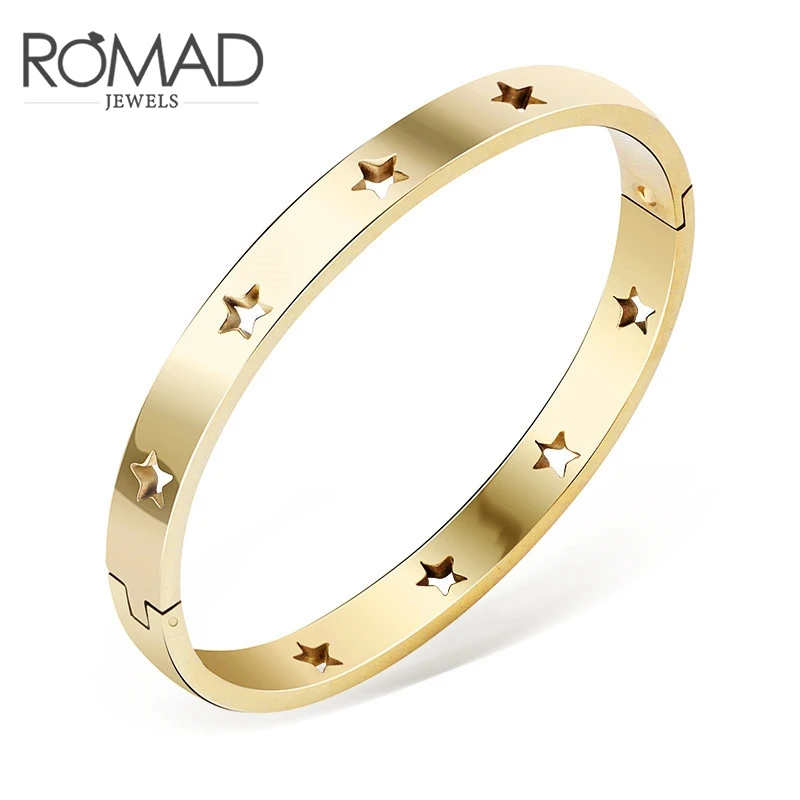 

ROMAD Punk Stainless Steel Stars Bangle for Women Love Bracelet Hollow Pentagram Cuff Bracelets & Bangles Gifts Pulseira R50