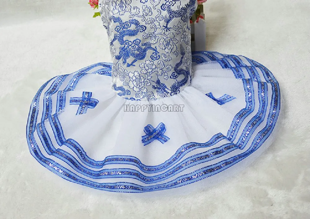 Cute Pet Apparel Dog Clothes Wedding Dress Blue and White Porcelain Pattern Small Dragon Embroidery Thickened Plush CHW235 | Дом и сад