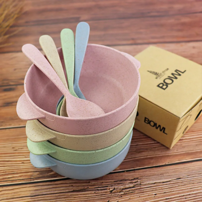 

J209-12 wheat straw children's rice bowl degradable environmental protection Bowl Spoon Set tableware with small handle