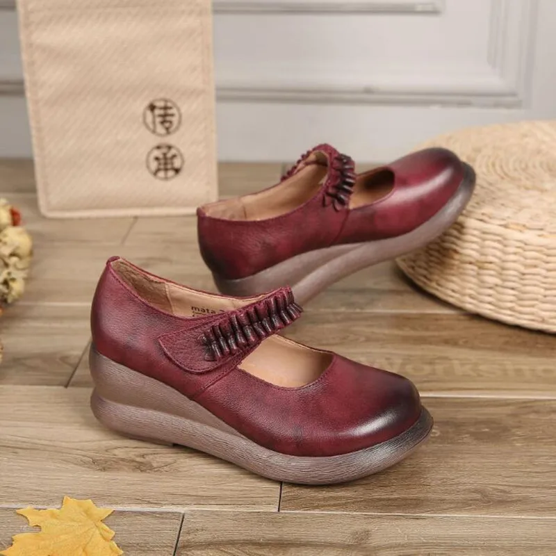 

New leather fashion simple solid color wedge with women's shoes trend retro round head handmade thick-soled hot Single shoes