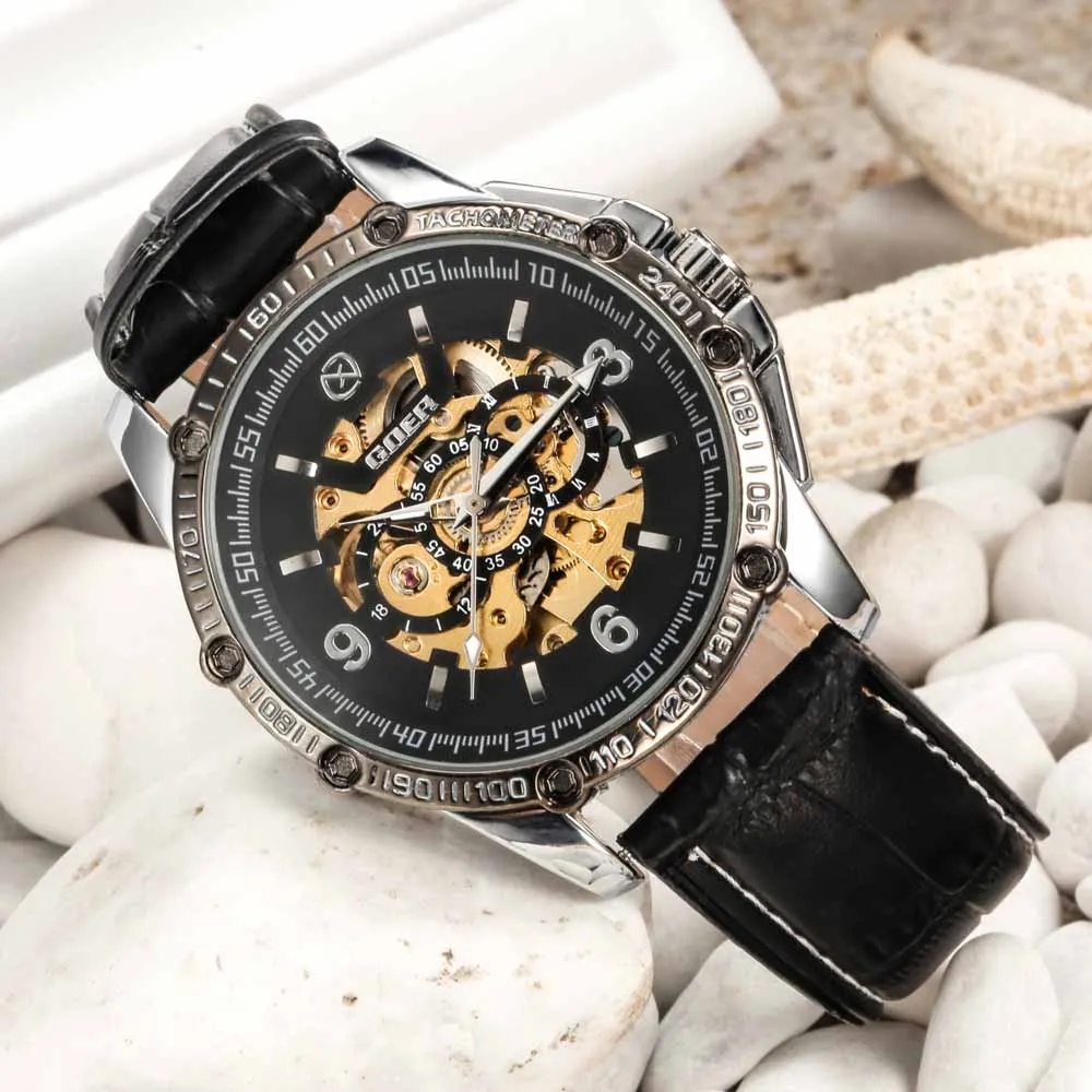 Фирменное наименование мужские Модные Повседневные механические часы кожаный