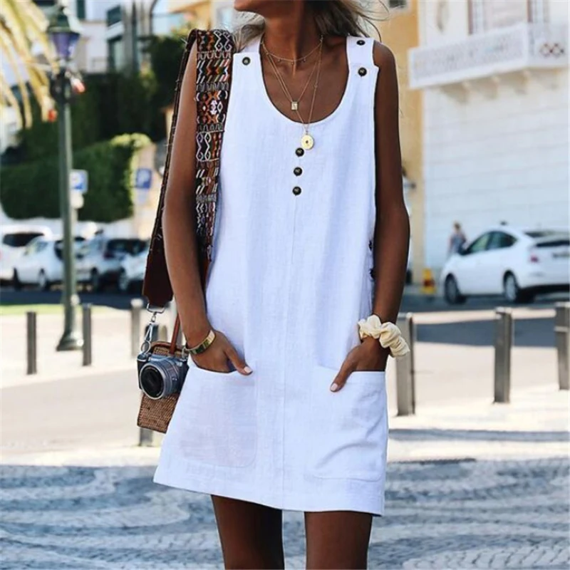 Retro Cotton Linen Shirt Dress Women Pocket O-Neck Sleeveless Casual Loose Beach Dresses Summer Ladies Clothing Pure Color