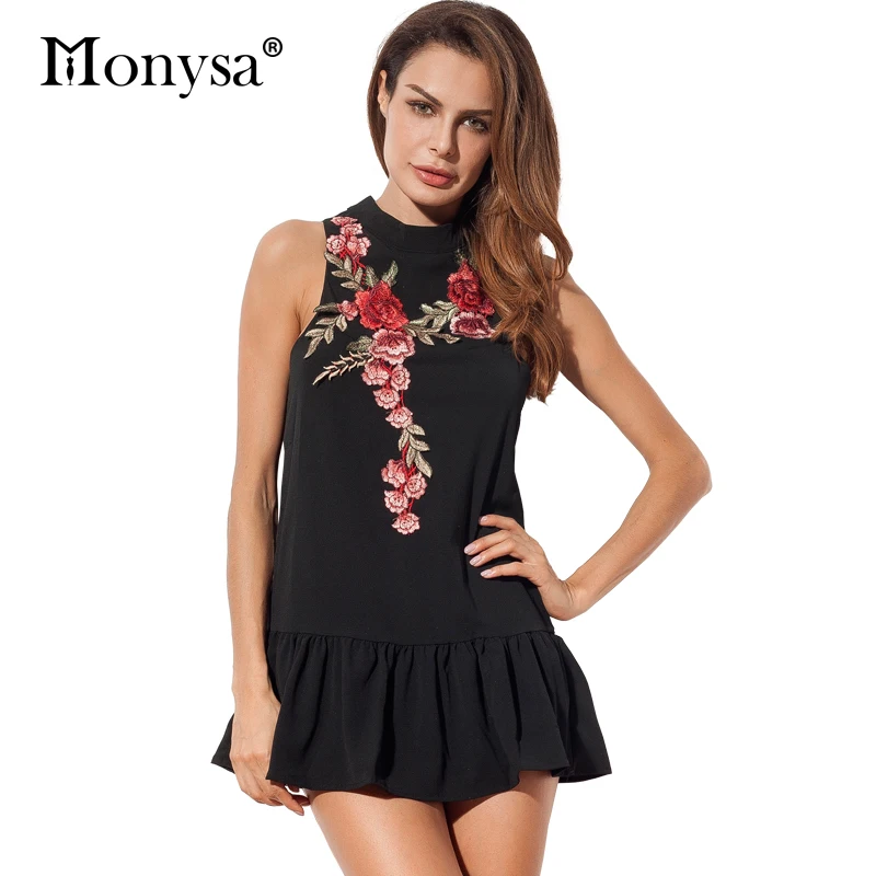 Chiffon dress 2017 летний новый цветок вышивка платья женщин вскользь рукавов оборками
