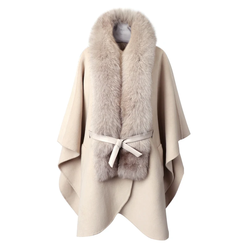 Light Grey Rf0211 осенне-зимний плащ с воротником из лисьего меха, ручная работа, двойное шерстяное пальто, кашемировый плащ высокого качества - Цвет: Light Grey