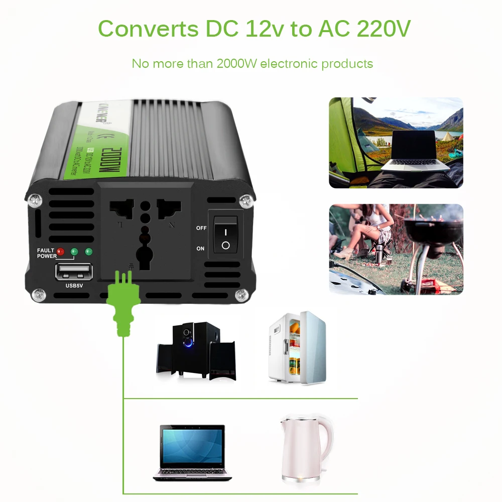 Инвертор 12v 220v 2000 Вт Мощный инвертор DC к АС 12V постоянного тока до 220V автомобильный