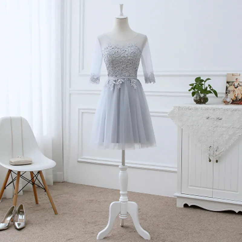 Grey short Халат de soiree цвета шампанского из кружева, с вырезом на шее прозрачная вышивка трапециевидной формы длинное вечернее платье vestido de festa вечернее платье для выпускного вечера - Цвет: Grey short