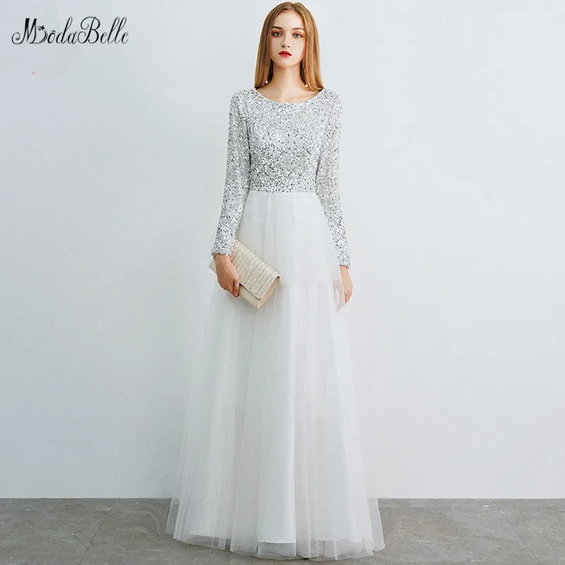 

modabelle Saudi Arabia Silver Sequin Evening Dress Vestidos Elegantes Scoop Long Sleeve Evening Dress Arabic Vestido Noche Largo