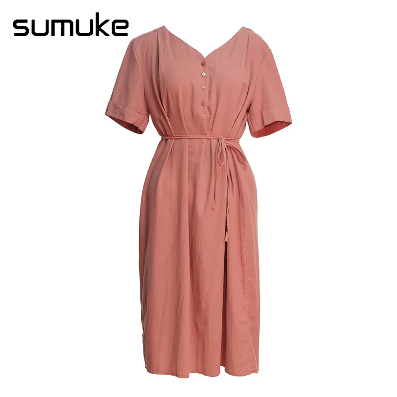 Sumuke Повседневное Однотонная одежда Хлопковое платье Для женщин элегантный
