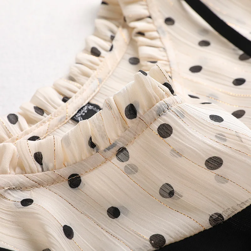 2019Summer elegant sweet dot fake two midi Dress contrast color juniors A-line petal sleeves casual vestidos plus size 5XL | Женская