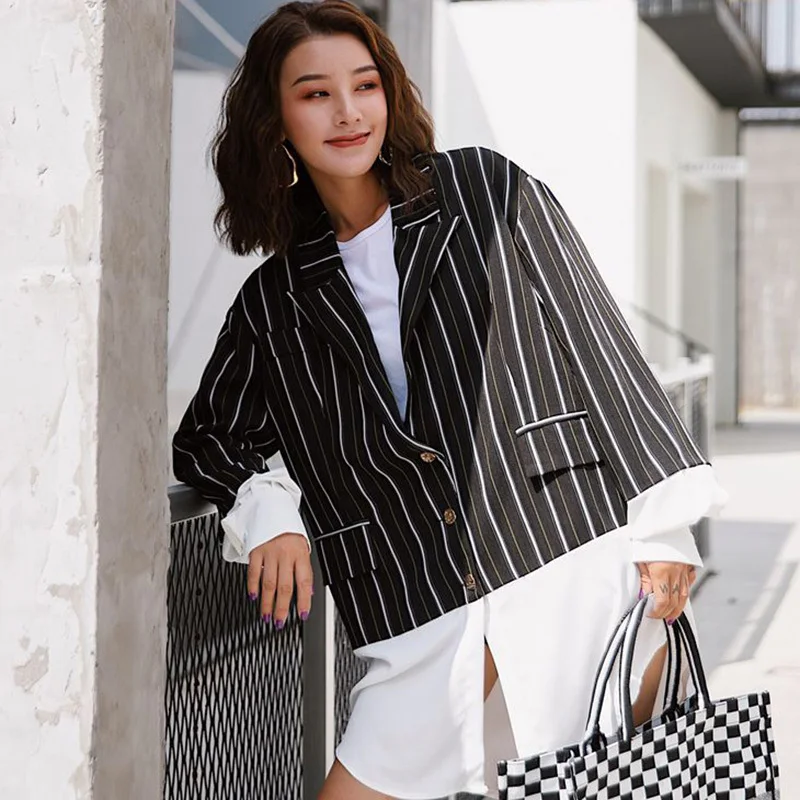 TWOTWINSTYLE Striped Patchwork Blazer Tops Female Long Sleeve Casual Blazers Coat Women Vintage Clothes Big Size 2018 Autumn New | Женская