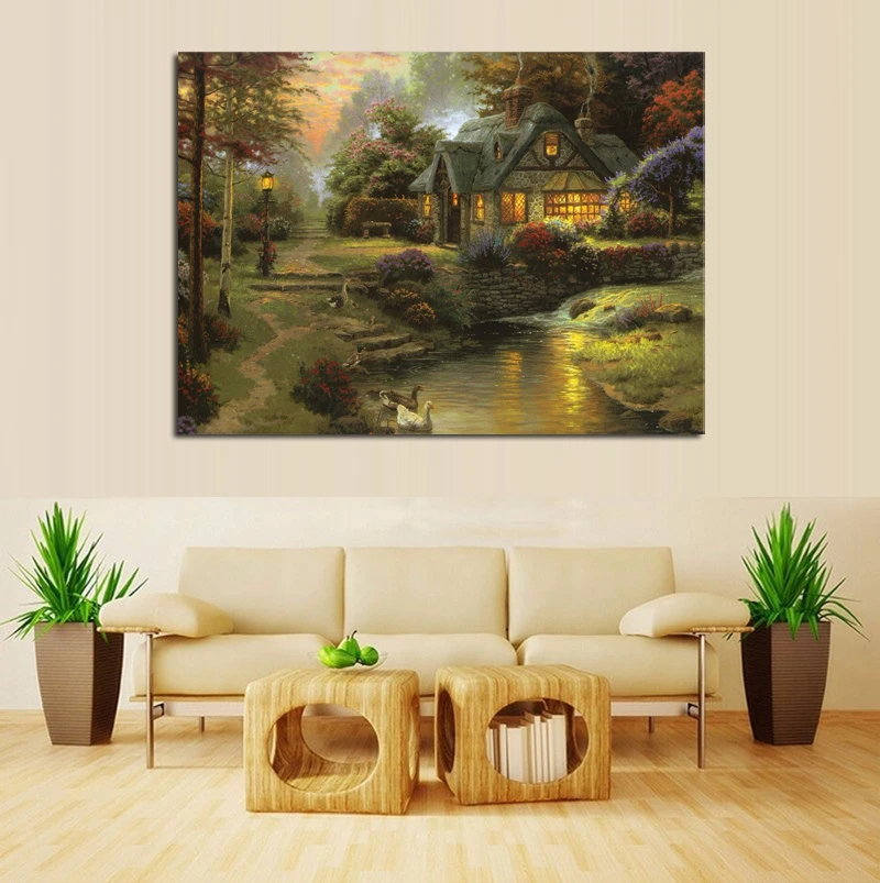 Thomas kinkade коттедж на реке пасторальный пейзаж живопись холсте печать заказ