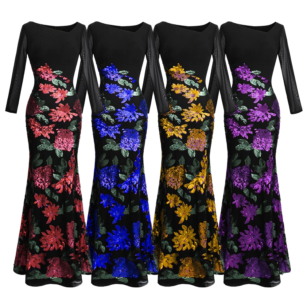 Angel-fashions Women's Long Sleeve Evening Dresses Elegant Formal Flowers Sequin Mermaid Party Gown 396 | Свадьбы и торжества