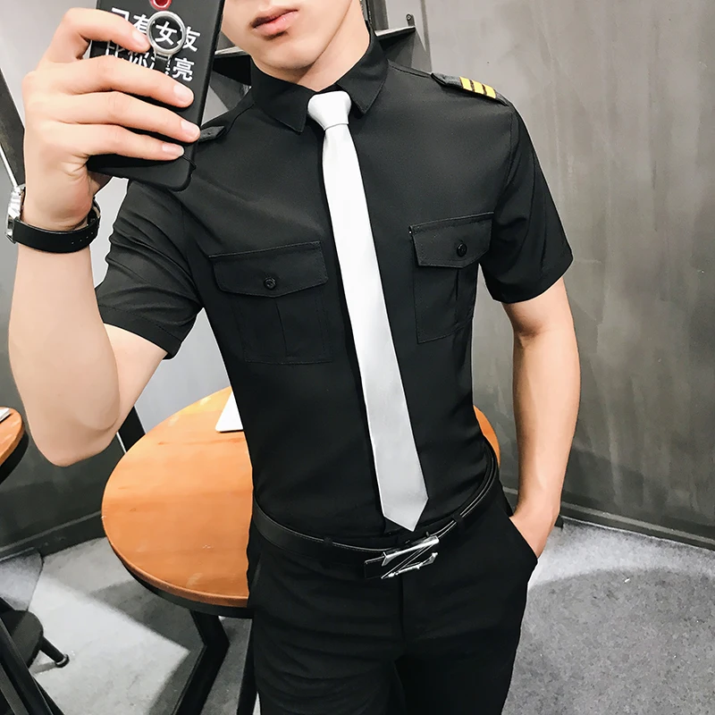 Camisa Social Manga Curta Air Force Pilots Uniform Shirt Men Black White Slim Fit Social Workwear Short Sleeve Dress Shirt Men