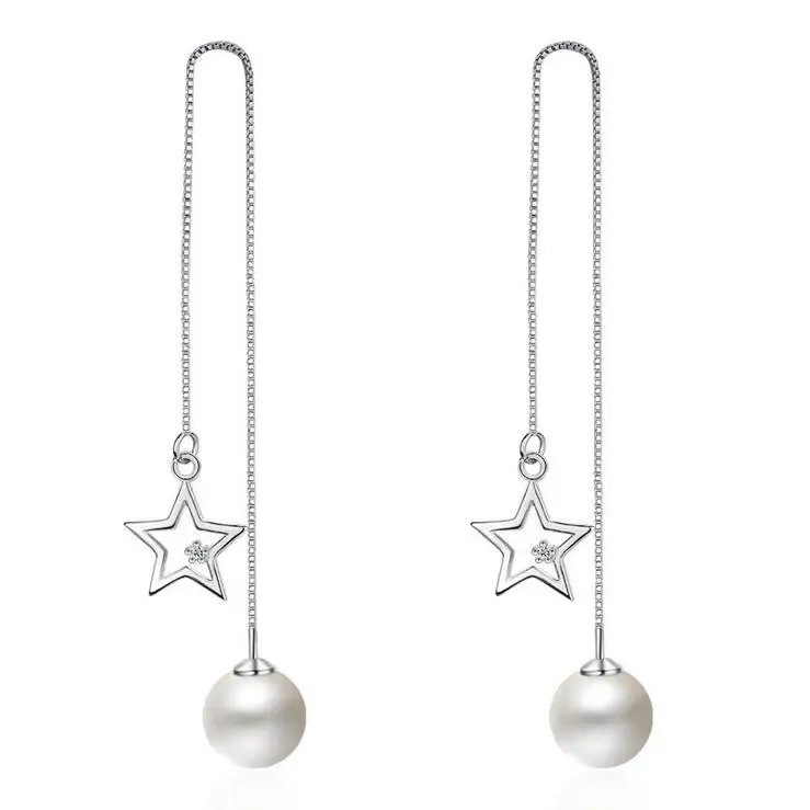 

Promotion fashion little star pearl women cheap 925 sterling silver ladies long drop earrings jewelry gift wholesale
