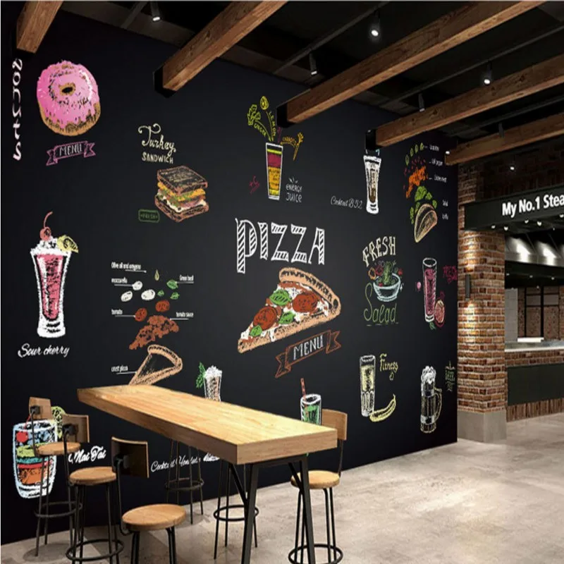 Фотообои ручная роспись мелом пицца сок на заказ ресторан фаст-фуд обои высокое